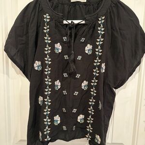 Hazel Short Sleeve Blouse - Black with Embroidery (Size Small)